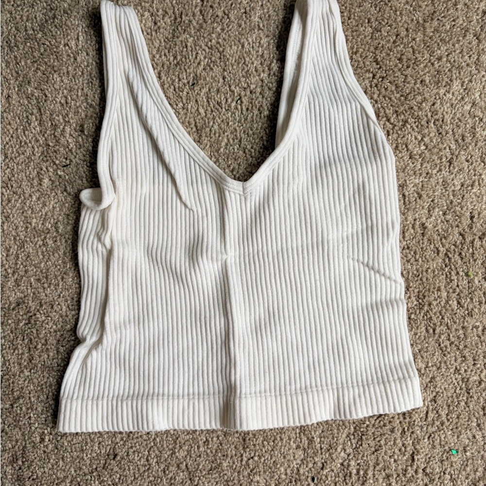 White Ribbed V-Neck Women's Top
